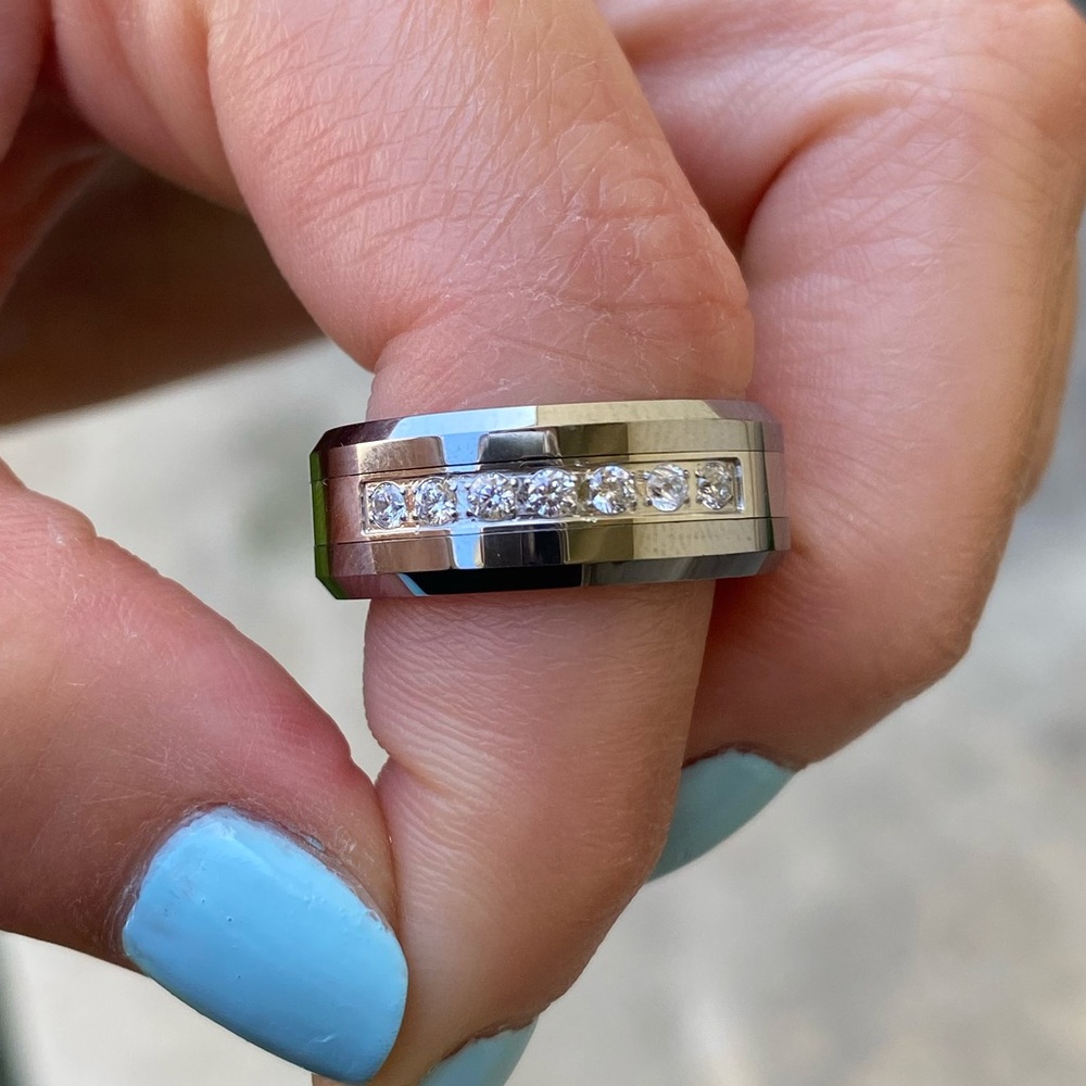 Silver tungsten ring with single row of CZ’s.